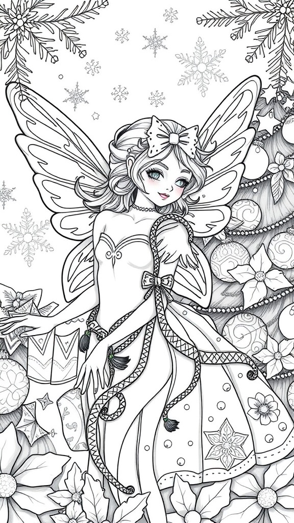 50 Christmas Fairy Grayscale Coloring Pages Grayscale coloring page of a Christmas fairy with intricate designs and festive elements.